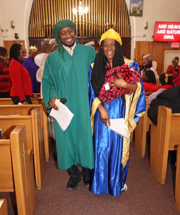 Joseph and Mary all smiles after giving birth to baby Jesus.