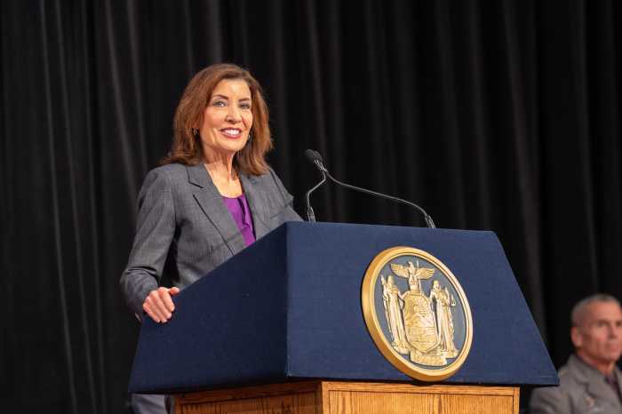 Governor Kathy Hochul at the 217th session of the Basic School of the New York State Police Academy. The ceremony was held at the Empire State Plaza Convention Center in Albany.