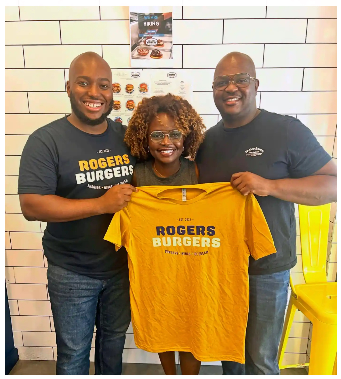 Karine Jean-Pierre, center, former Press Secretary for President Joe Biden and first Haitian-American to hold that role, with Rogers Burgers co-founders Jonathan Pierre, left, and Josue Pierre