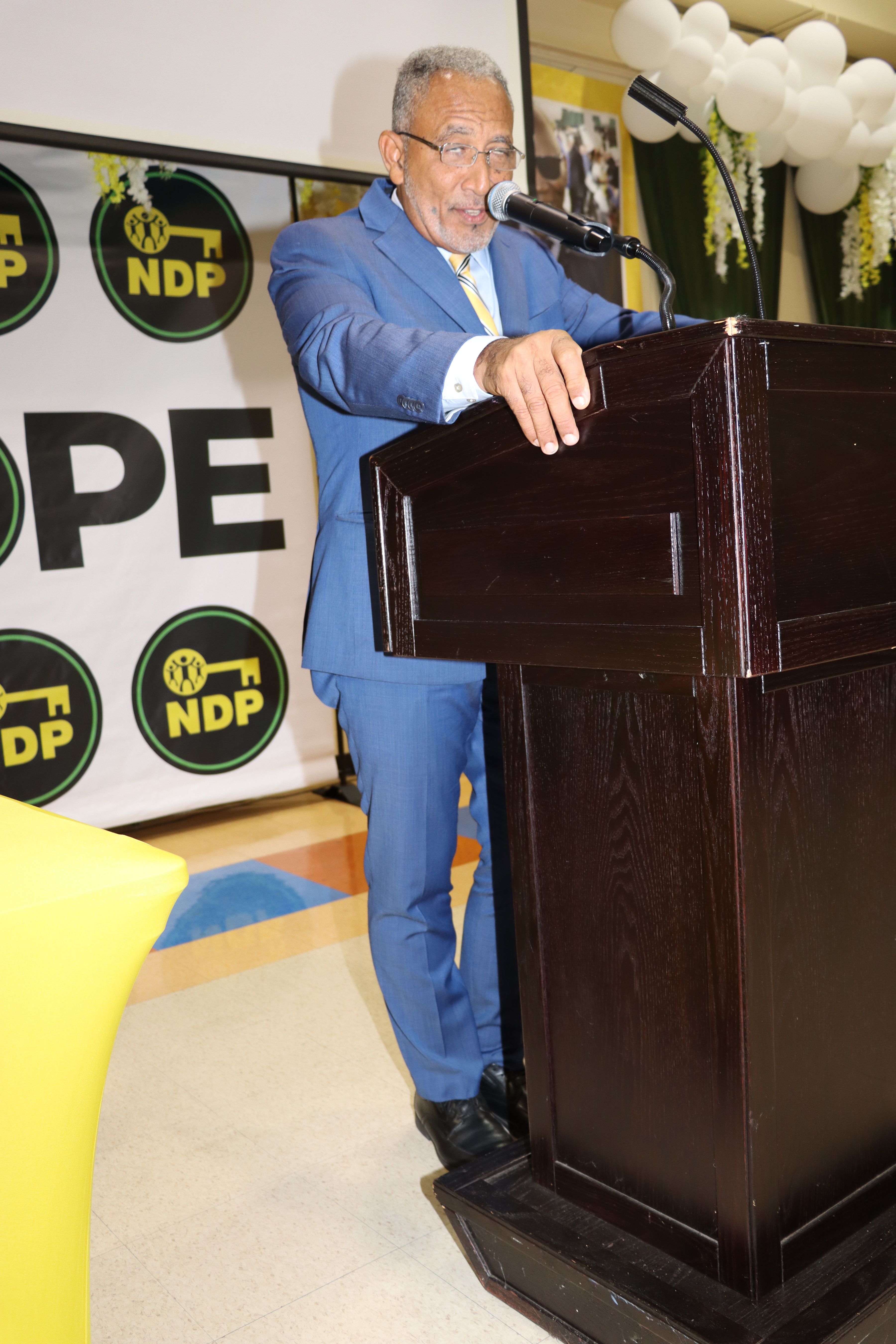 Then St. Vincent and the Grenadines Opposition Leader, now Prime Minister, Dr. Godwin Friday addresses a New Democratic Party town hall meeting at the Friends of Crown Heights Educational Center in Brooklyn in October 2023.