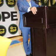 Then St. Vincent and the Grenadines Opposition Leader, now Prime Minister, Dr. Godwin Friday addresses a New Democratic Party town hall meeting at the Friends of Crown Heights Educational Center in Brooklyn in October 2023.