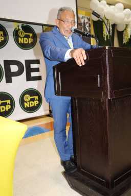 Then St. Vincent and the Grenadines Opposition Leader, now Prime Minister, Dr. Godwin Friday addresses a New Democratic Party town hall meeting at the Friends of Crown Heights Educational Center in Brooklyn in October 2023.