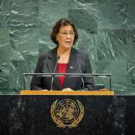 Jennifer Geerlings-Simons, president of the Republic of Suriname, addresses the general debate of the General Assembly’s 80th session.
