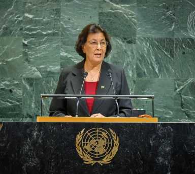 Jennifer Geerlings-Simons, president of the Republic of Suriname, addresses the general debate of the General Assembly’s 80th session.
