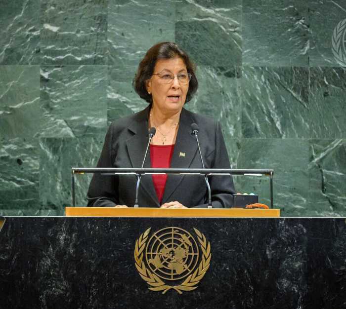 Jennifer Geerlings-Simons, president of the Republic of Suriname, addresses the general debate of the General Assembly’s 80th session.
