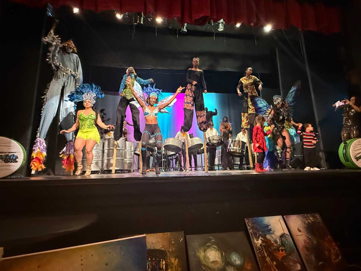 Final performance of the night with all Tropicalfete performers on stage, stilts, dancers, masqueraders, steelpan players with the music of ‘Take Me Home’ by Freetown Collective and arranged by Jeanine Ruiz.