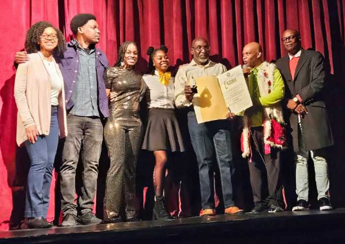Zene Willoughby from Tropicalfete, Paul Dolor Tropicalfete Board Member, Tansha Bucke Host, Shania Prescod/Tropicalfete, award recipient Keith Marcelle, Alton Aimable of Tropicalfete, Inc. and Keran Deterville, Tropicalfete Board Member.