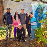 From left, Dario Mohr poses with artists Damali Abrams, Wei Xiong, Kraig Blue, Coralina Rodriguez-Meyer and Chihiro Ito (front center). The artists are members of the 2024 Fellowship and will participate in the Biennial exhibition opening Jan. 23.