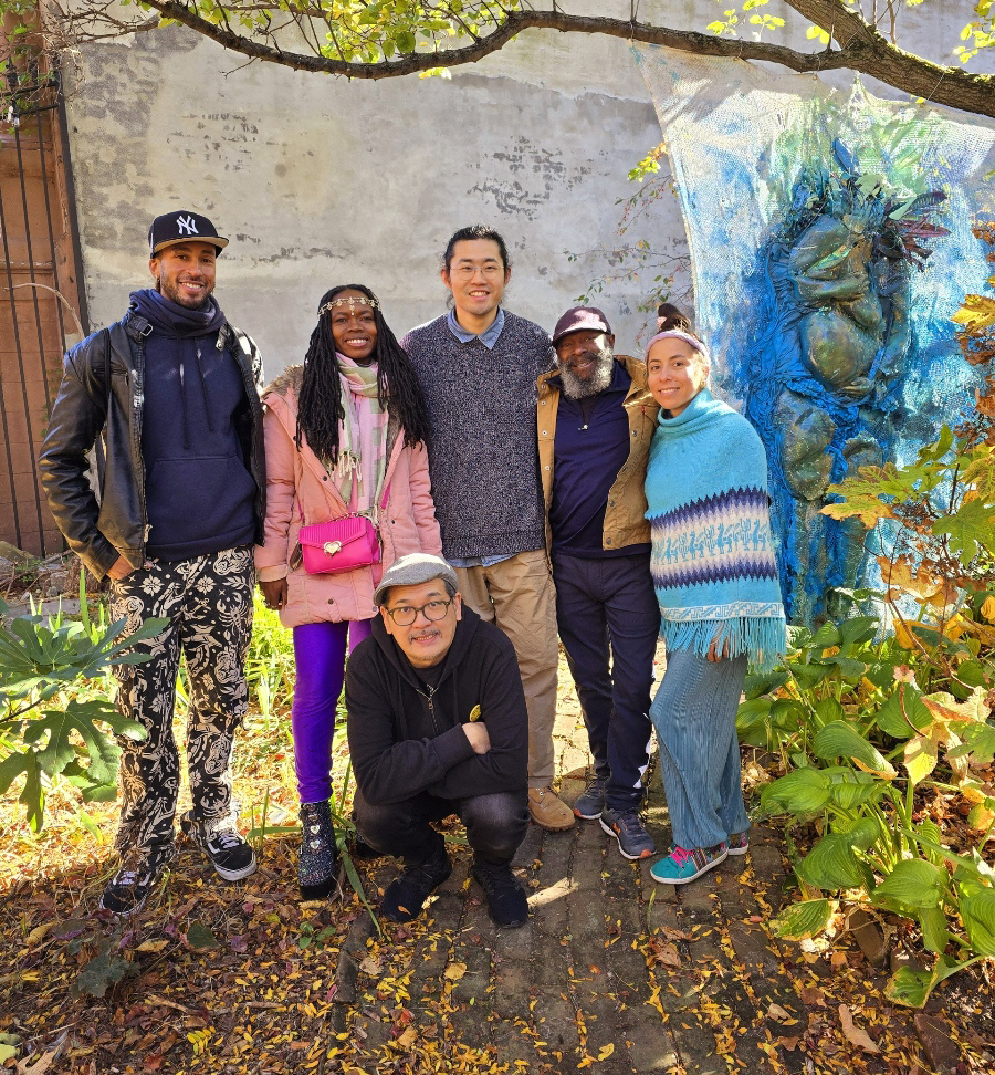 From left, Dario Mohr poses with artists Damali Abrams, Wei Xiong, Kraig Blue, Coralina Rodriguez-Meyer and Chihiro Ito (front center). The artists are members of the 2024 Fellowship and will participate in the Biennial exhibition opening Jan. 23.