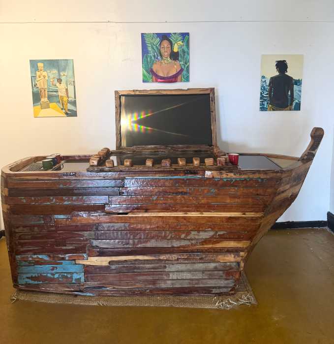 An artwork displayed as part of the “Echoes of Home” exhibition in Kenya, reflecting themes of migration, history and the African diaspora.