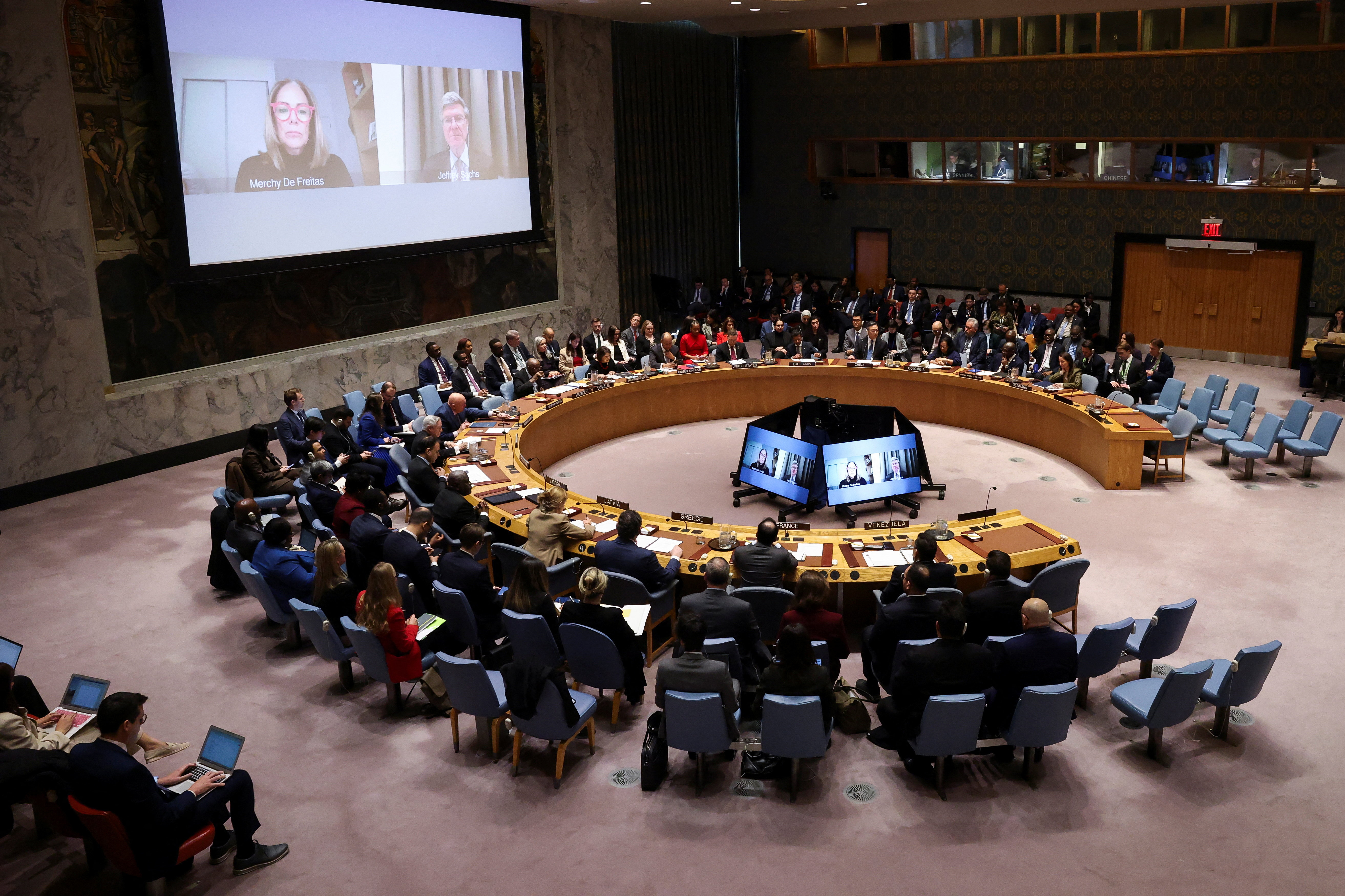 Members of the UN Security Council meet on the U.S. strikes and capture of Venezuelan President Nicolas Maduro and his wife Cilia Flores at the United Nations building in New York, U.S., Jan. 5, 2026.
