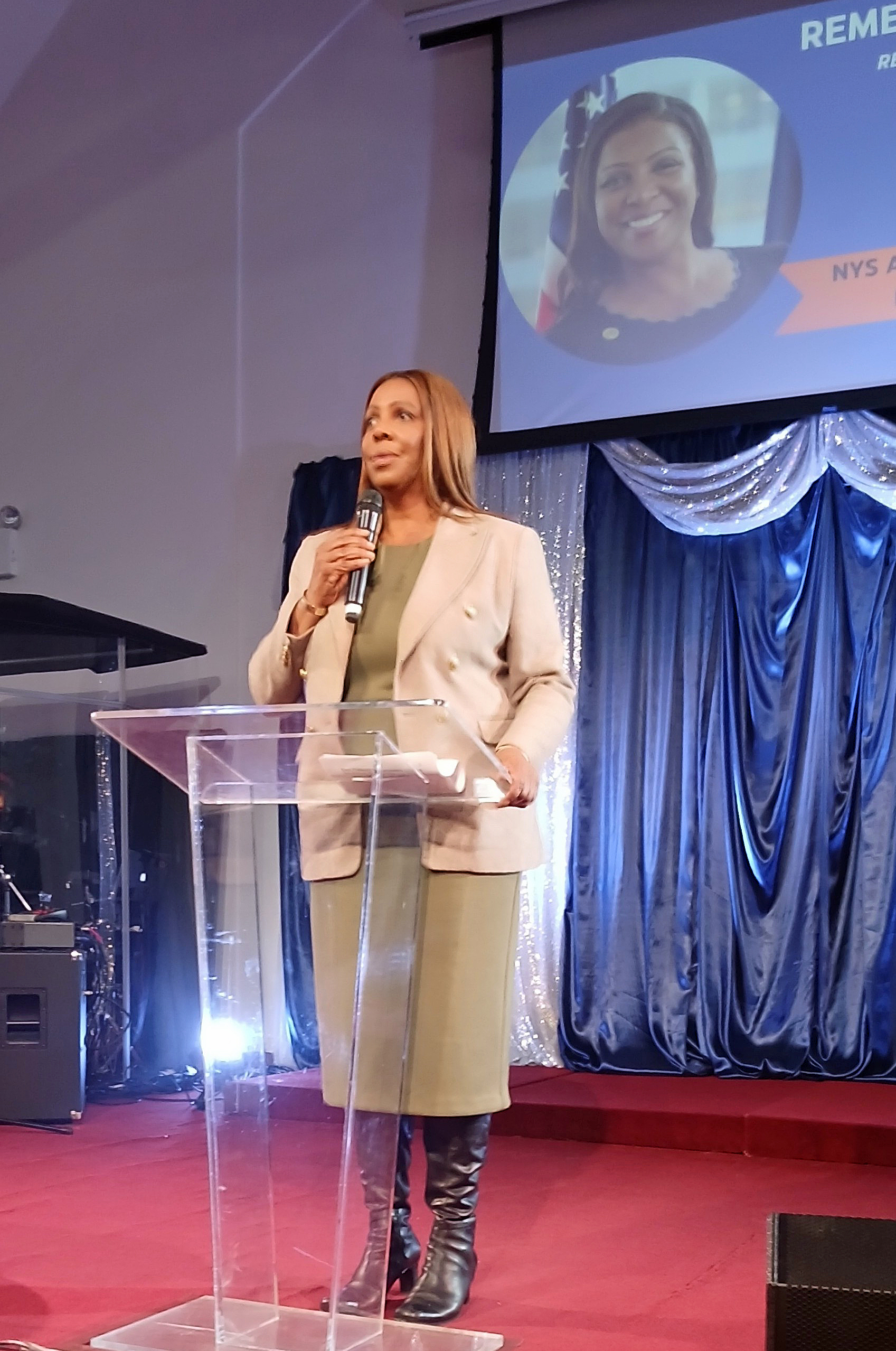 NY State Attorney General, Letitia James speaking to the audience on Sunday, Jan. 18, 2026, at the Alliance Tabernacle Church, Brooklyn.