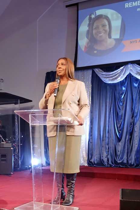 NY State Attorney General, Letitia James speaking to the audience on Sunday, Jan. 18, 2026, at the Alliance Tabernacle Church, Brooklyn.