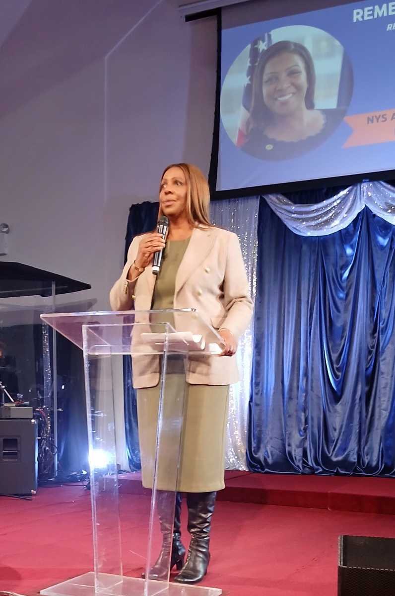 NY State Attorney General, Letitia James speaking to the audience on Sunday, Jan. 18, 2026, at the Alliance Tabernacle Church, Brooklyn.