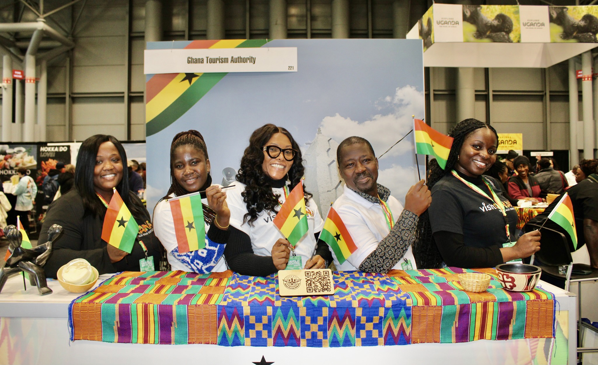 Staffers of the Ghana Tourism Authority proudly display their country’s flag for Caribbean Life, at the 2026 New York Travel & Adventure show at the Jacob Javits Center in Manhattan, on Jan. 24. From left, Annabelle McKenzie, Genevive Nyagbe, Selasi Piphanje, Wisdom Ahadzi, and Michelle Konadu.