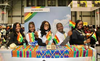 Staffers of the Ghana Tourism Authority proudly display their country’s flag for Caribbean Life, at the 2026 New York Travel & Adventure show at the Jacob Javits Center in Manhattan, on Jan. 24. From left, Annabelle McKenzie, Genevive Nyagbe, Selasi Piphanje, Wisdom Ahadzi, and Michelle Konadu.
