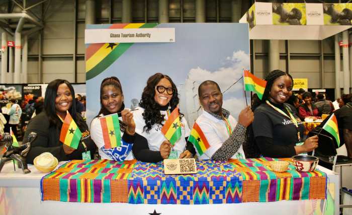 Staffers of the Ghana Tourism Authority proudly display their country’s flag for Caribbean Life, at the 2026 New York Travel & Adventure show at the Jacob Javits Center in Manhattan, on Jan. 24. From left, Annabelle McKenzie, Genevive Nyagbe, Selasi Piphanje, Wisdom Ahadzi, and Michelle Konadu.