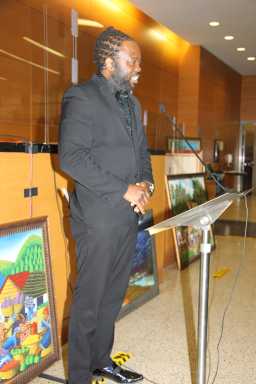 Grenadian gospel singer Ijeal Joseph sings the US National Anthem during the Caribbean American Heritage Month celebration at the Kings Country Supreme Court, Downtown Brooklyn, in June 2022.