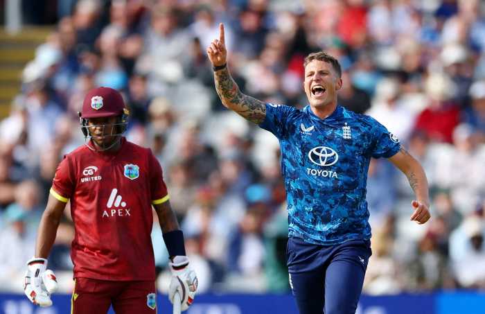 Cricket - First One Day International - England v West Indies - Edgbaston Cricket Ground, Birmingham, Britain - May 29, 2025 England's Brydon Carse celebrates taking the wicket of West Indies' Brandon King.