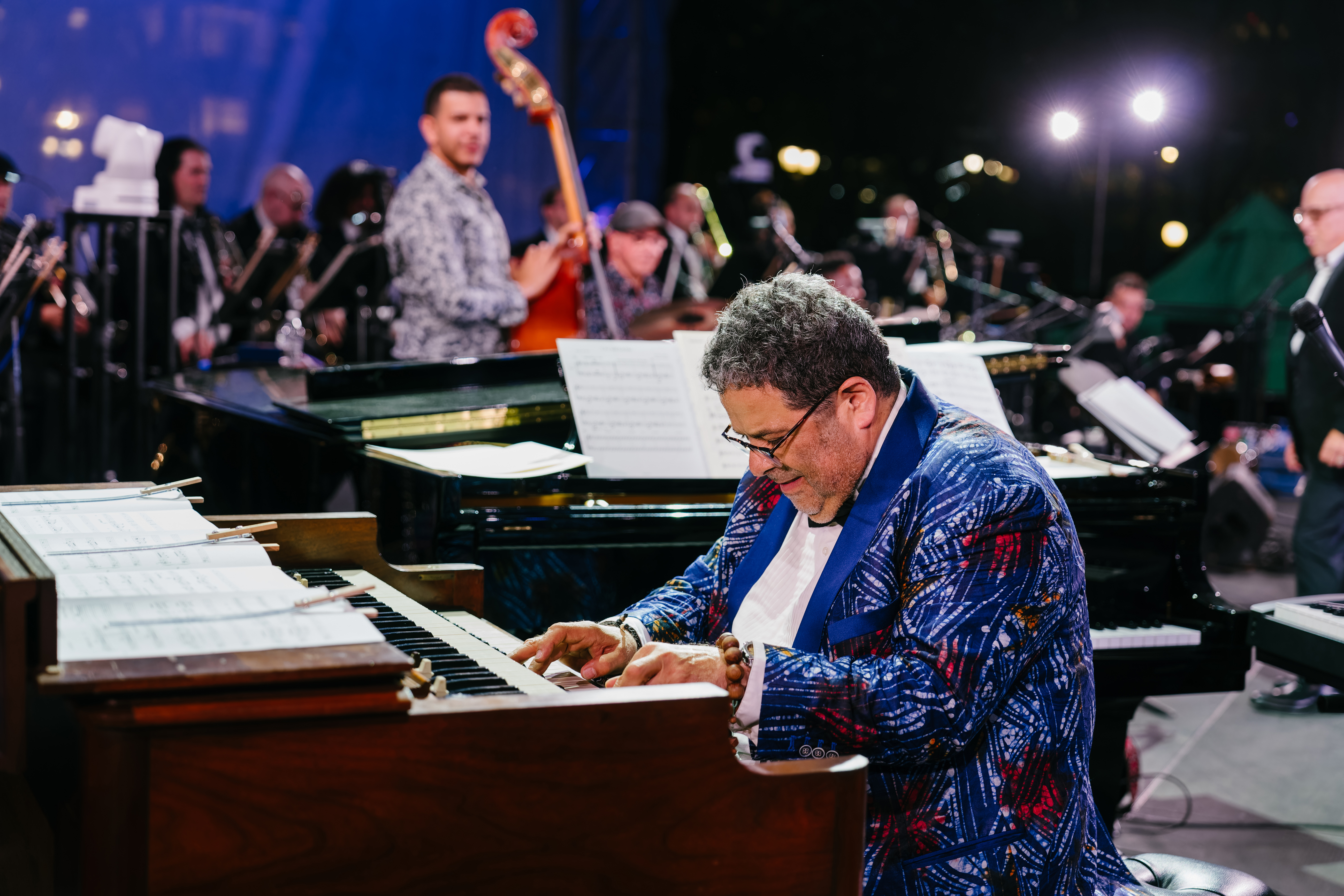 Composer, pianist, bandleader, six-time GRAMMY winner, and two-time Latin GRAMMY winner Arturo O’Farrill playing the organ during a performance at Bryant Park on Sept 13, 2024.