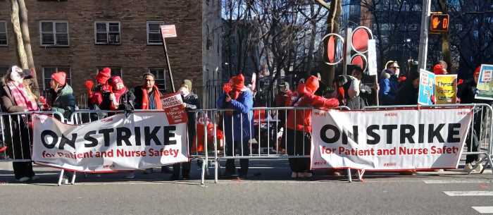 Nurses gathering at Mount Sinai Hospital Monday morning to strike for better benefits.