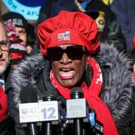 Nancy Hagans, president of the New York State Nurses Association, speaks during a press conference as New York State Nurses Association union members walk the picket line outside NewYork-Presbyterian Milstein hospital, during their strike in New York City, U.S., Jan. 12, 2026.