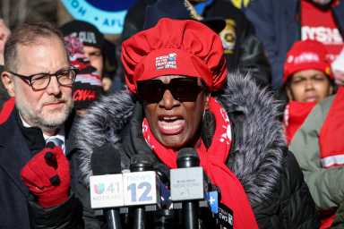 Nancy Hagans, president of the New York State Nurses Association, speaks during a press conference as New York State Nurses Association union members walk the picket line outside NewYork-Presbyterian Milstein hospital, during their strike in New York City, U.S., Jan. 12, 2026.