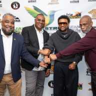 Jamaica Strong Executives (from left) Bobby Clarke, Irie Jam radio; Kacy Rankine, Roadblock radio; and George Crooks (R), Jammins Events share lens time with GRAMMY-winning dancehall/reggae icon Shaggy (3rd from left).