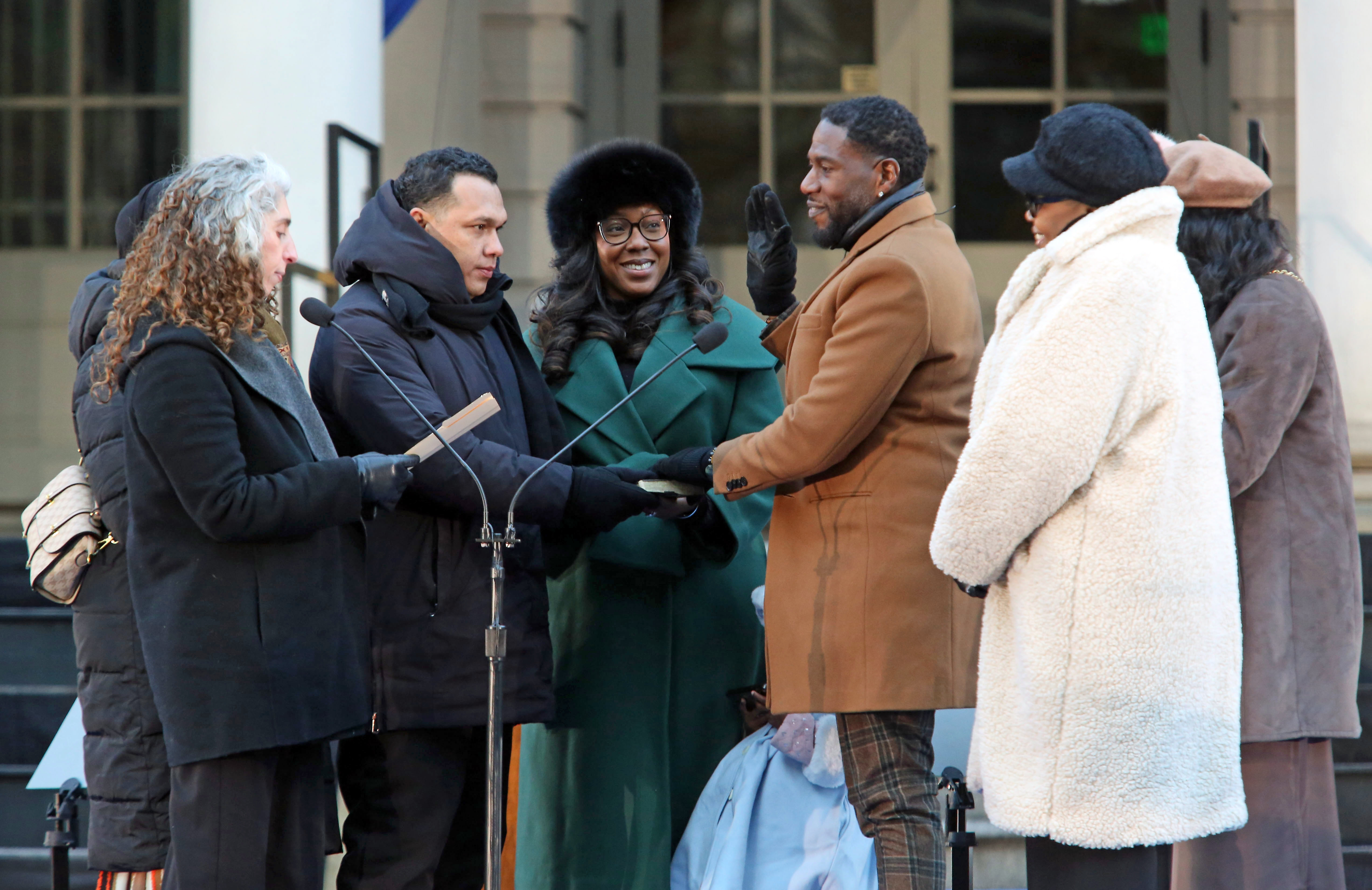 Jan. 1, 2026, New York City, New York, USA: Immigrants swear in Public Advocate Jumaane D. Williams, with his wife India Sneed and family looking on, during a ceremony at City Hall. Zohran Mamdani was later sworn in as the 112th Mayor of New York City at City Hall. Mamdani is the city's first Muslim mayor, its first of South Asian descent and the first to be born in Africa. At 34, he is also the city's youngest mayor since the late 19th century.