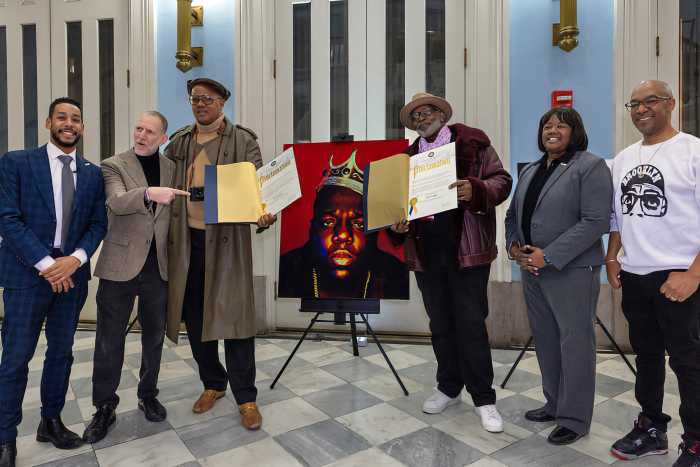 From left, Borough President Reynoso, Jonathan Rheingold, Jamel Shabazz, Fab 5 Freddy, Deputy BP Kim Council, and Datwon Thomas.