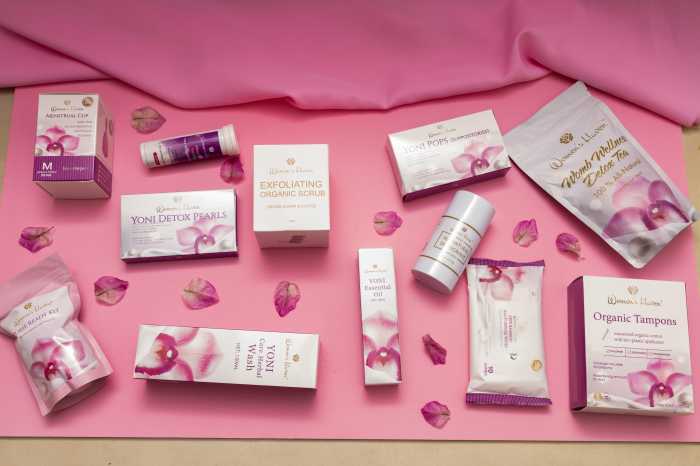 A selection of organic feminine care products from Women’s Haven, including pads, liners, washes and teas, designed to promote wellness, education and safer alternatives for women across the Caribbean.