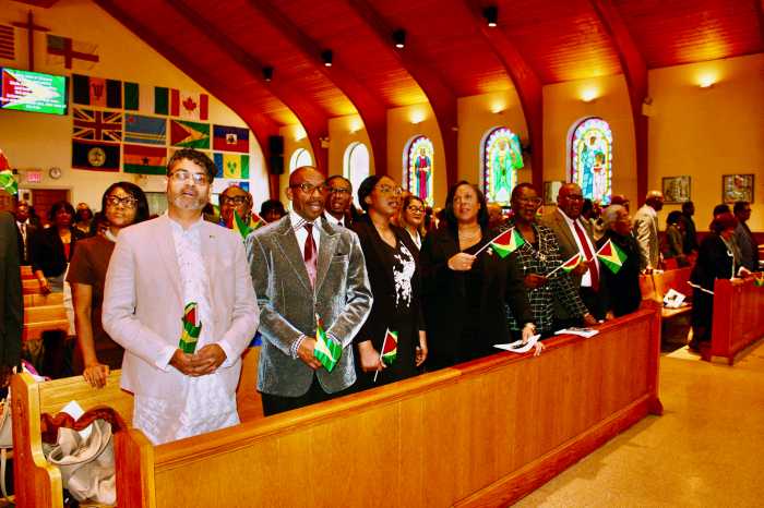 The diplomatic offices celebrated Guyana's 56th Republic Anniversary with an Interfaith Service at St. Gabriel's Episcopal Church on Feb. 23. From left, Pandit Ravi Doobay, Pastor James Richmond, Minister Counsellor Marissa Edsards, Assembly Member Alicia Hyndman, Senator Roxanne Persaud, Consul General of Guyana to NY, Ambassador Michael E. Brothrson, and President of the Guyana Cultural Association Ave-Marie Brewster-Haynes.