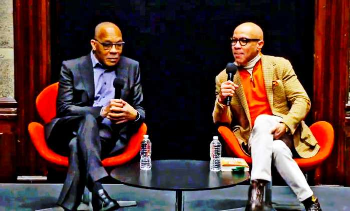 Screenshot of Pulitzer-Prize-winning journalist and author Eugene Robinson (left), with moderator Darren Walker, president of the National Gallery of Art (NGA).