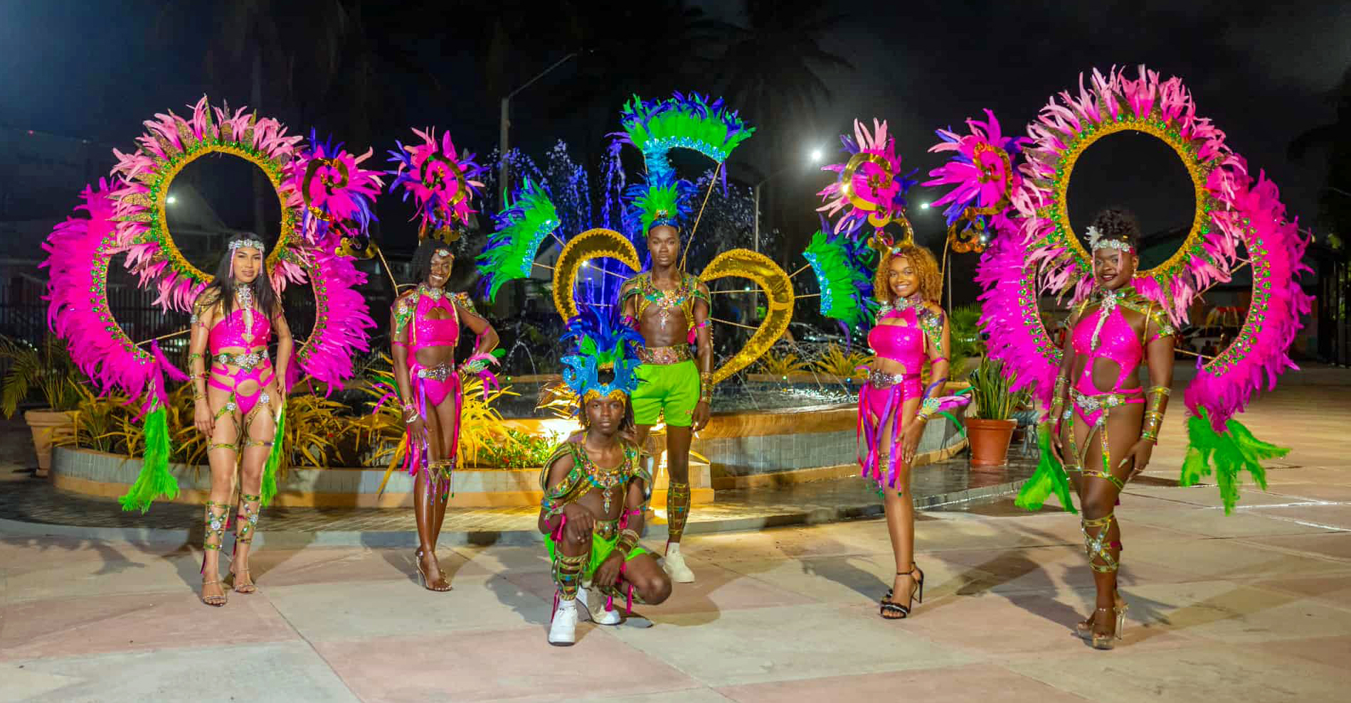 Masqueraders wearing costumes designed by Nelsion Nurse creator of Harmony Band, that will be vying in Guyana's 56th Republic Anniversary Mashramani along the parade route in Georgetown on Feb. 23, 2026.