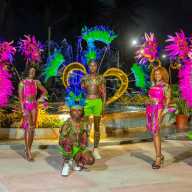 Masqueraders wearing costumes designed by Nelsion Nurse creator of Harmony Band, that will be vying in Guyana's 56th Republic Anniversary Mashramani along the parade route in Georgetown on Feb. 23, 2026.