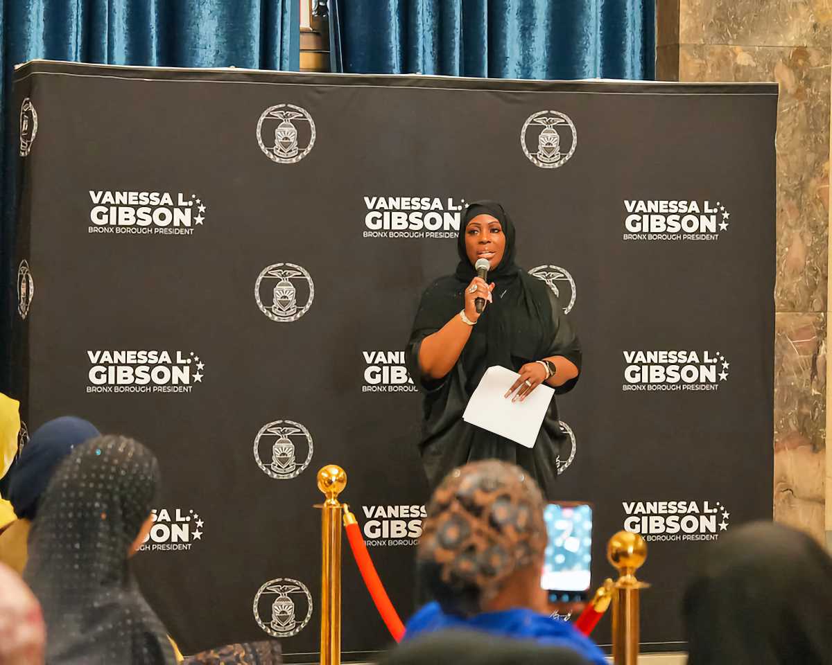 Bronx Borough President Vanessa L. Gibson speaks at the World Hijab Day Event.