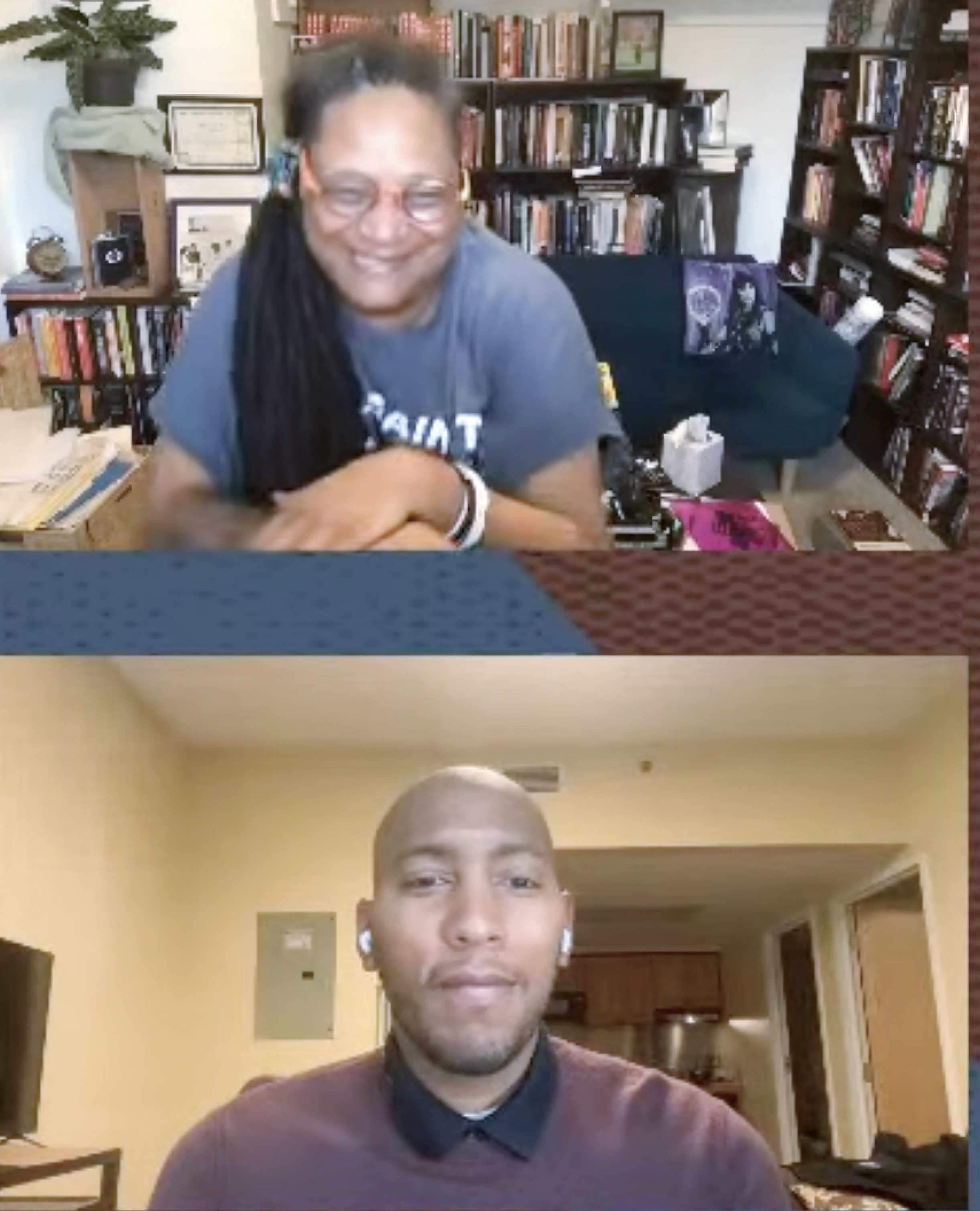 Screen grab of Dr. Rebecca Hall (top), in conversation with Kyle Mays (bottom), about the new edition of her father Harry Haywood's book "Negro Liberation" (2026), for which she wrote the foreword.