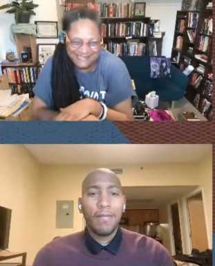 Screen grab of Dr. Rebecca Hall (top), in conversation with Kyle Mays (bottom), about the new edition of her father Harry Haywood's book "Negro Liberation" (2026), for which she wrote the foreword.