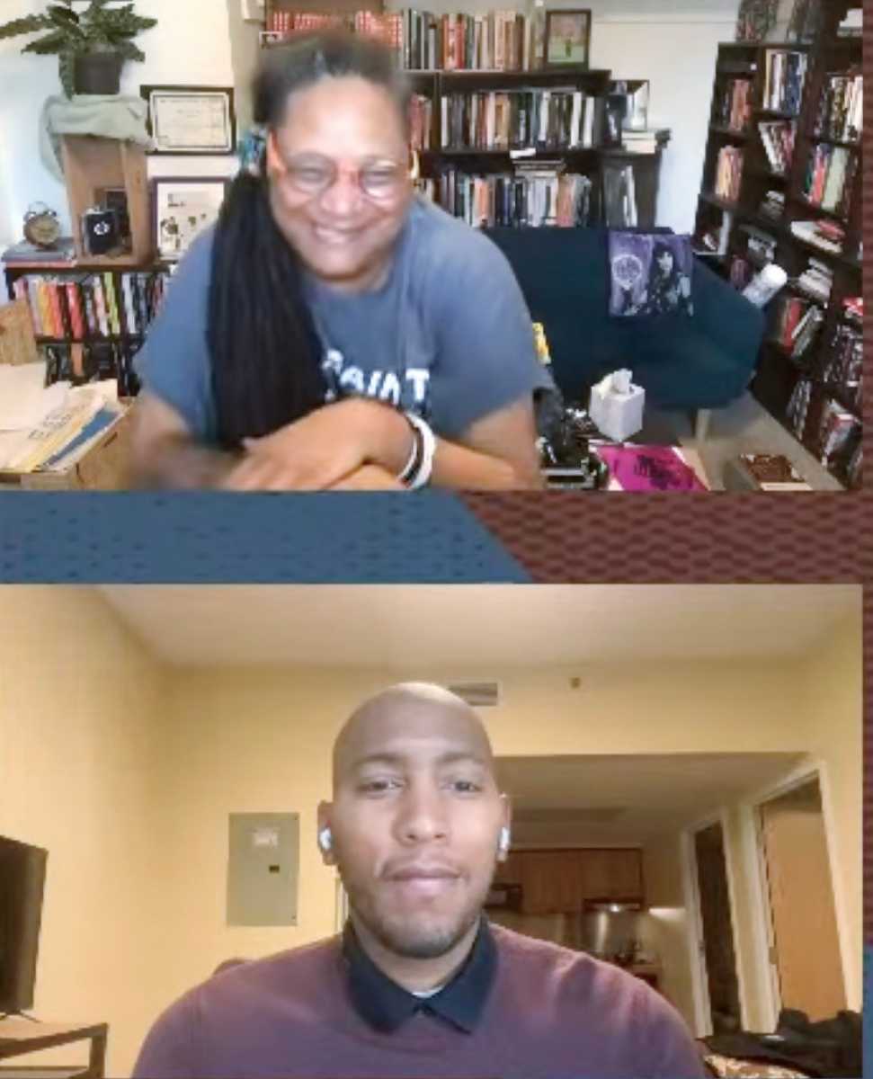 Screen grab of Dr. Rebecca Hall (top), in conversation with Kyle Mays (bottom), about the new edition of her father Harry Haywood's book "Negro Liberation" (2026), for which she wrote the foreword.