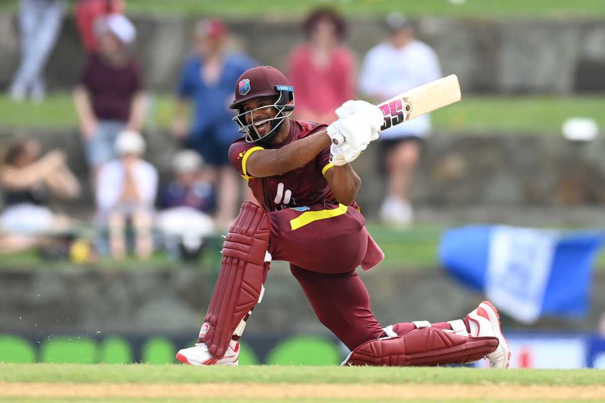 Shai Hope of the West Indies bats during the Second One-Day International between the West Indies and England at Sir Vivian Richards Stadium on Nov. 02, 2024 in Antigua, Antigua and Barbuda.