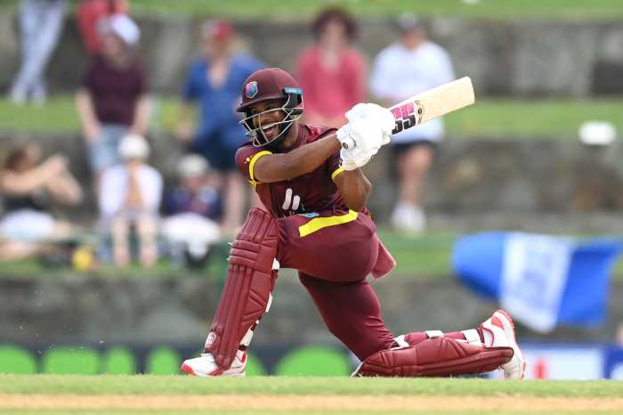 Shai Hope of the West Indies bats during the Second One-Day International between the West Indies and England at Sir Vivian Richards Stadium on Nov. 02, 2024 in Antigua, Antigua and Barbuda.