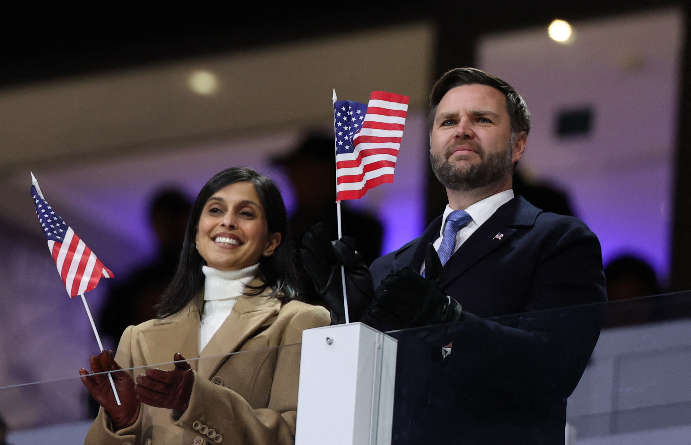 Milano Cortina 2026 Olympics - Opening Ceremony - San Siro Stadium, Milan, Italy - Feb. 06, 2026. U.S. Vice President JD Vance and Second lady Usha Vance during the opening ceremony.