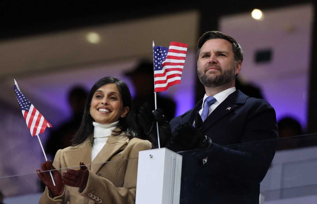 Milano Cortina 2026 Olympics - Opening Ceremony - San Siro Stadium, Milan, Italy - Feb. 06, 2026. U.S. Vice President JD Vance and Second lady Usha Vance during the opening ceremony.