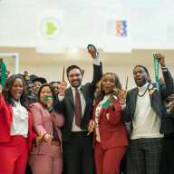 Mayor Zohran Mamdani, center, flanked by Caribbean and other elected officials at the opening of the Shirley Chisholm Recreation Center in East Flatbush, Brooklyn.