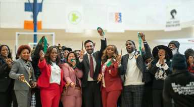 Mayor Zohran Mamdani, center, flanked by Caribbean and other elected officials at the opening of the Shirley Chisholm Recreation Center in East Flatbush, Brooklyn.