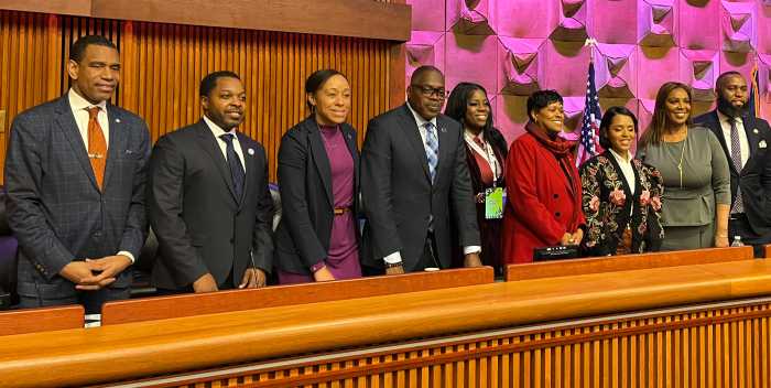 Mayors pose for a group photo following Saturday’s discussion, held Feb. 14 from 2–3:30 p.m. (from right): Malik D. Evans, Schenley Vital, Yadira Ramos-Herbert, Waylyn Hobbs Jr., Charlene Gayle, Executive Director of NYSABPRL, Inc., Sharon Owens, and Dorcey L. Applyrs with Attorney General Letitia James and Assembly Member Brian A. Cunningham.