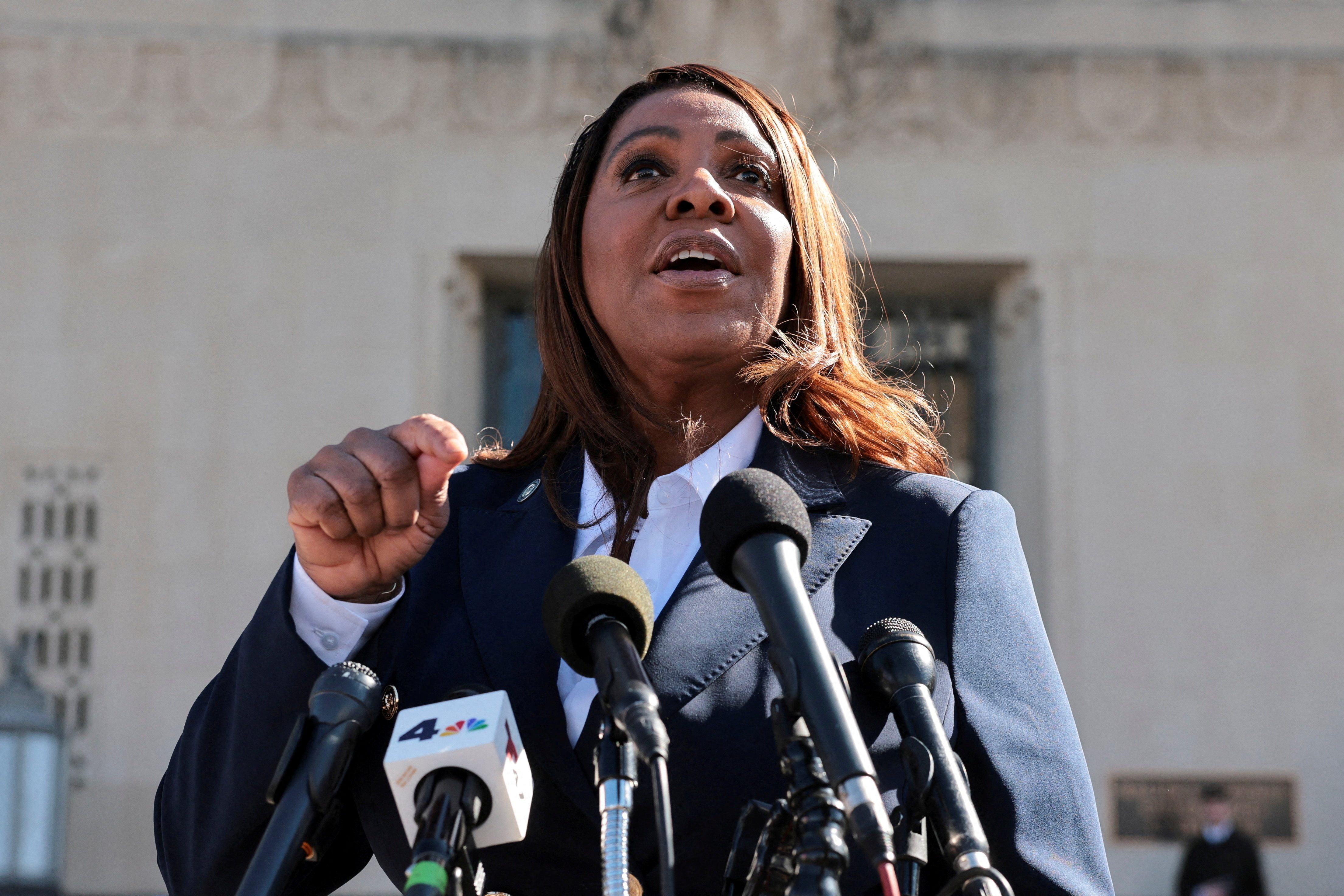 New York Attorney General Letitia James speaks to the media after she pleaded not guilty to charges that she defrauded her mortgage lender, outside the U.S. District Court for the Eastern District of Virginia in Norfolk, Virginia, U.S., October 24, 2025.