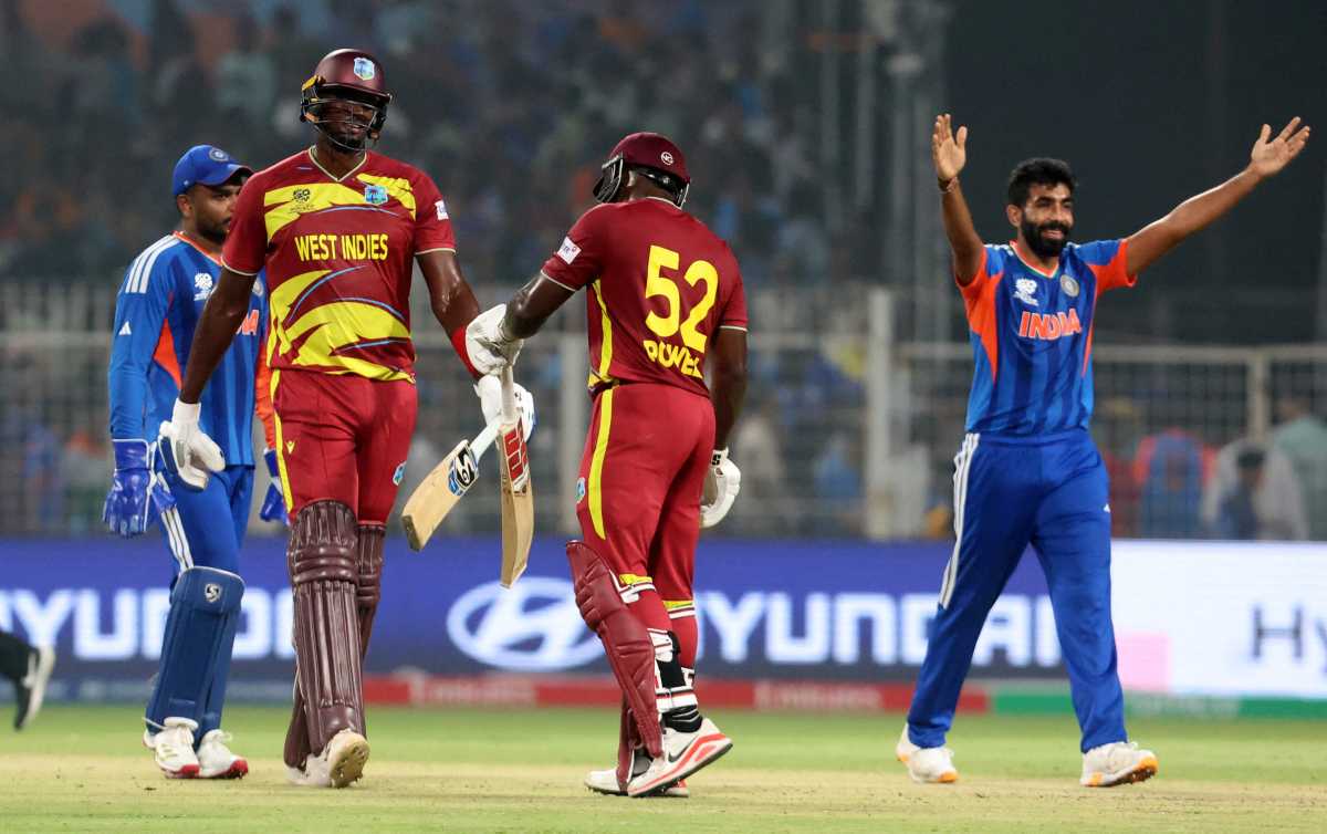 ICC Men's T20 World Cup 2026 - Super 8 - India v West Indies - Eden Gardens, Kolkata, India - March 1, 2026 West Indies' Rovman Powell and Jason Holder celebrate at the end of the innings.