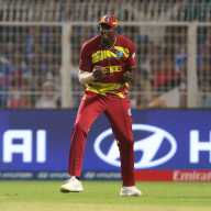 India v West Indies - Eden Gardens, Kolkata, India - March 1, 2026 - West Indies' Jason Holder celebrates after taking the wicket of India's Hardik Pandya.