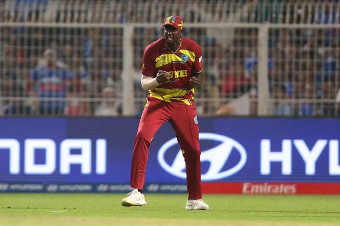 India v West Indies - Eden Gardens, Kolkata, India - March 1, 2026 - West Indies' Jason Holder celebrates after taking the wicket of India's Hardik Pandya.